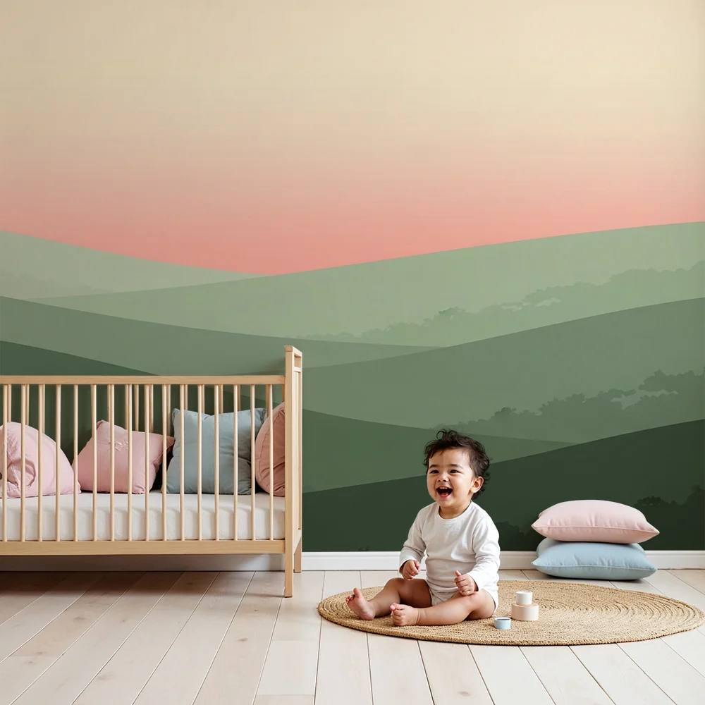 Papel de parede quarto bebê | Gyengéd zöld domboldalak naplementében