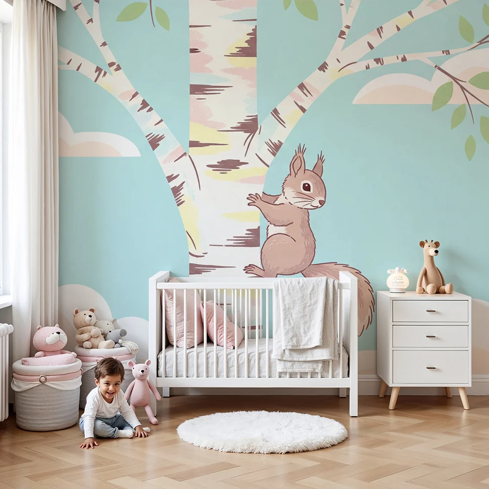 Papel de parede quarto bebê | Játékos mókus egy fa tetején kék égbolt és puha felhők között