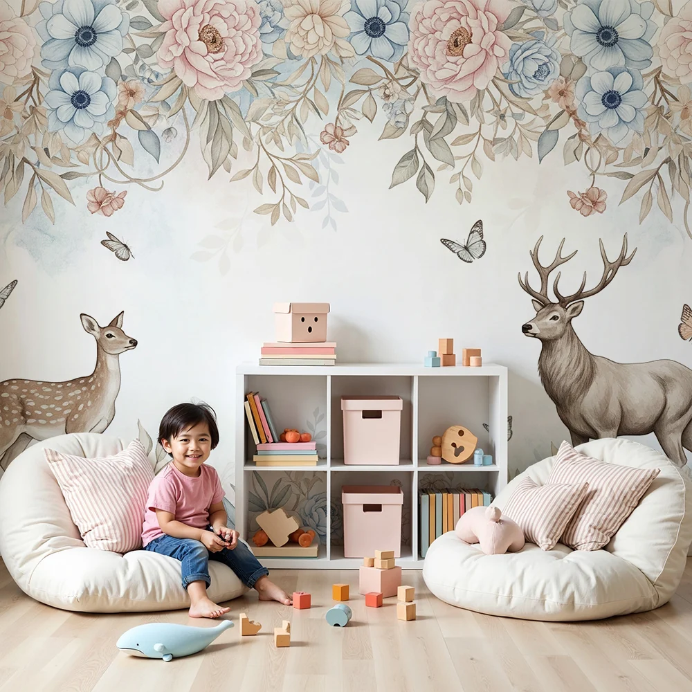 Papel de parede quarto bebê | Kegyes szarvasok virágok és pillangók ég alatt