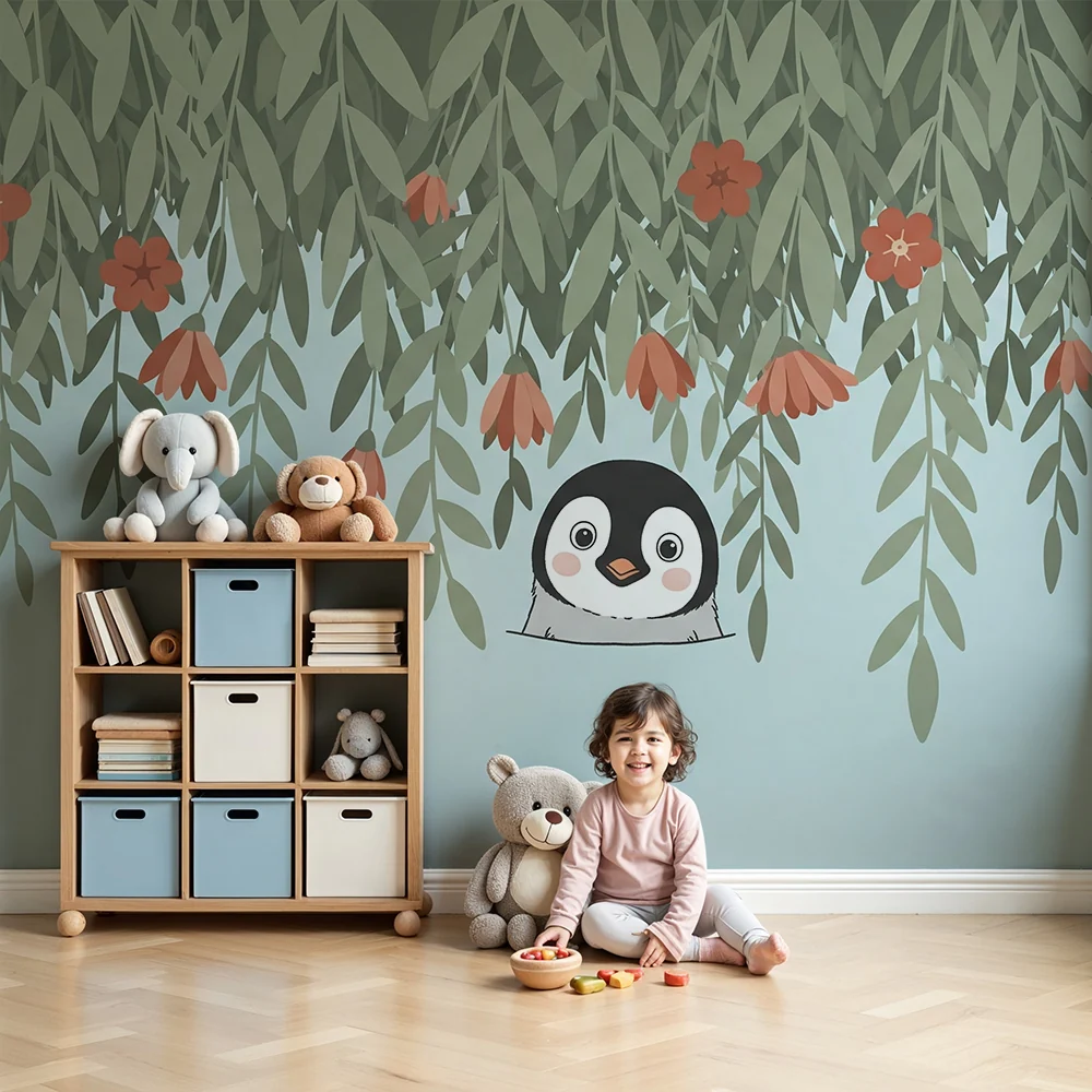 Papel de parede quarto bebê | Kíváncsi pingvin virágzó lomb alatt