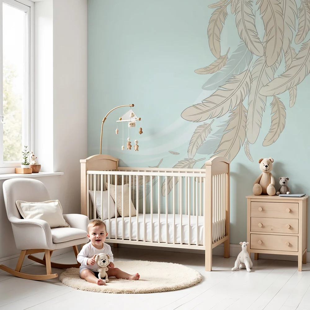 Papel de parede quarto bebê | Lágy lebegő tollak