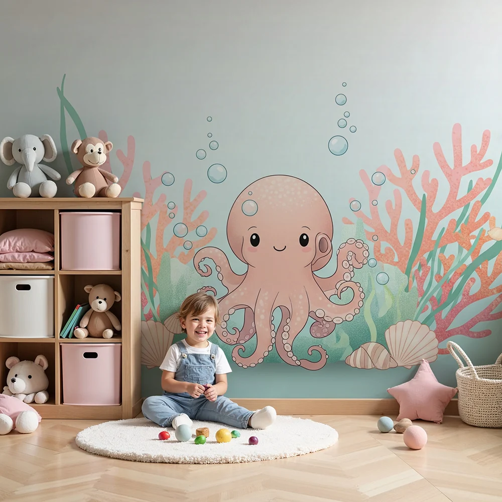 Papel de parede quarto bebê | Polvo e corais em fundo azul degradê