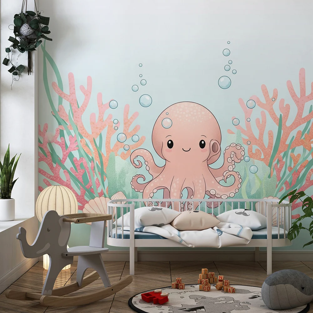 Papel de parede quarto bebê | Polvo e corais em fundo azul degradê