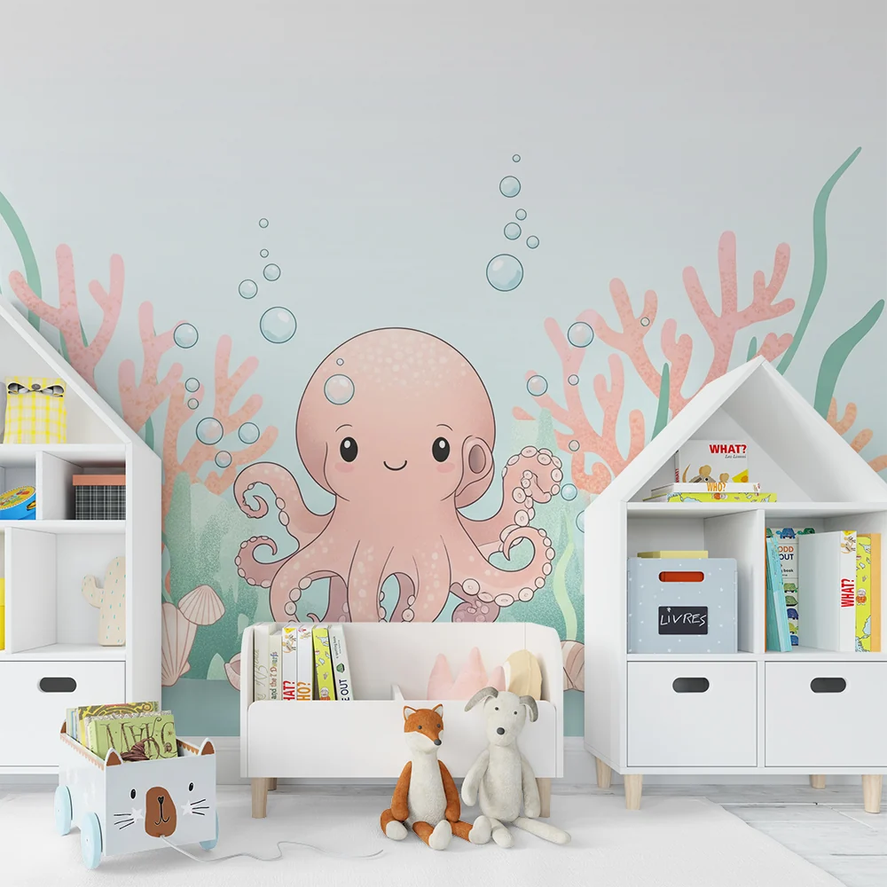 Papel de parede quarto bebê | Polvo e corais em fundo azul degradê