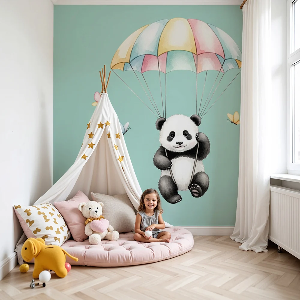 Papel de parede quarto bebê | Szikrázó panda ejtőernyővel