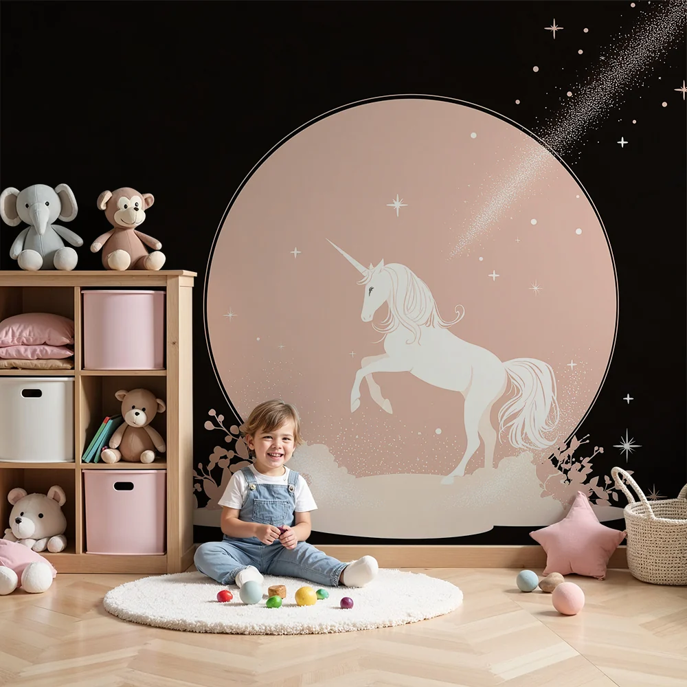 Papel de parede quarto bebê | Varázslatos unikornis csillagos égbolt alatt