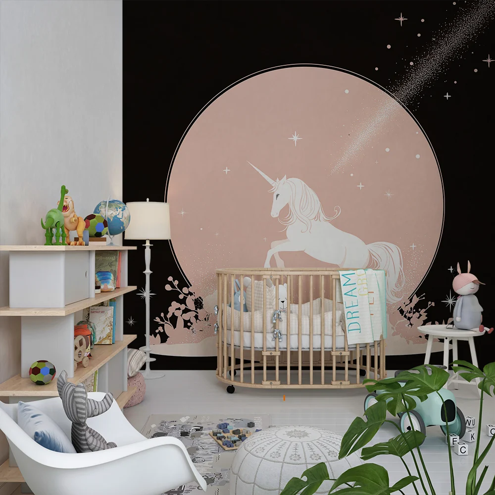 Papel de parede quarto bebê | Varázslatos unikornis csillagos égbolt alatt