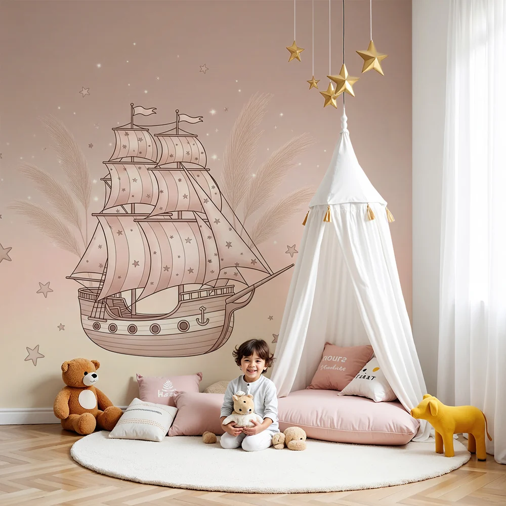 Papel de parede quarto bebê | Vitorlás hajó csillagokkal és puha felhőkkel