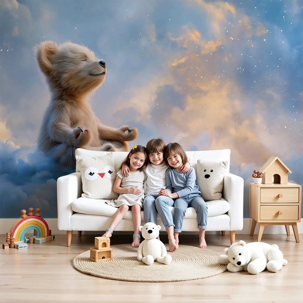 Papel de parede quarto bebê | Zen medve lebeg felhők között