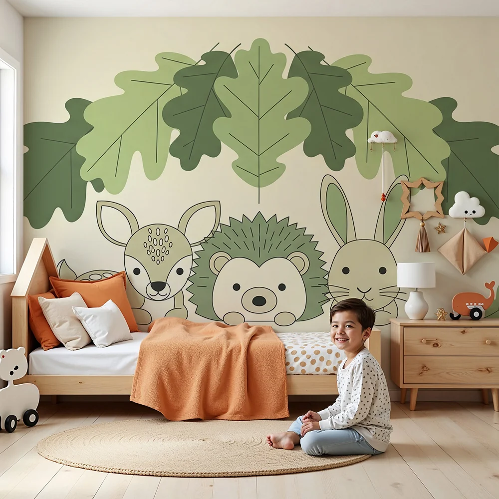 Papier de bébé chambre | Aranyos erdő állatok zöld levelek alatt