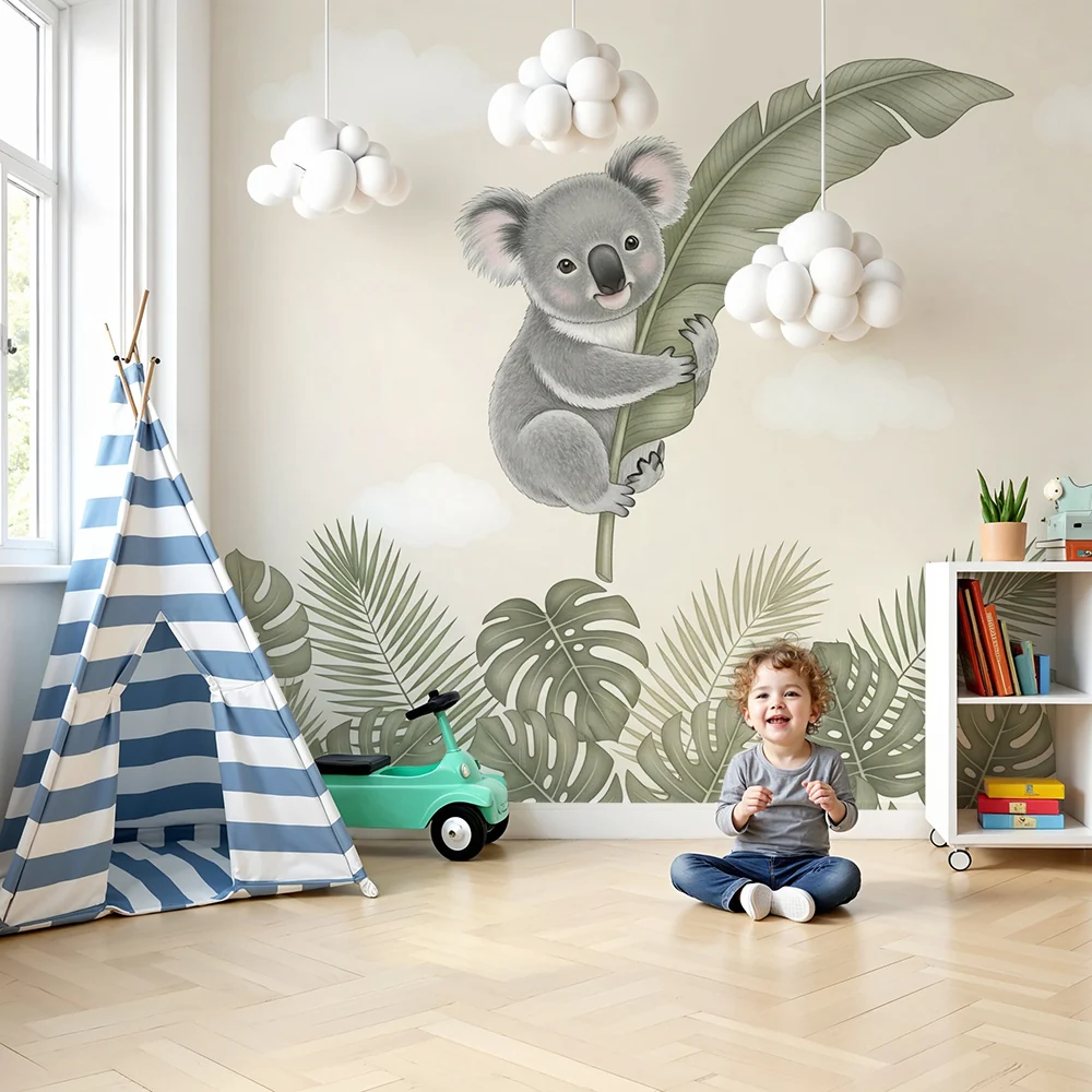 Papier de parede bébé | Aranyos koala ágán és trópusi lombozatban