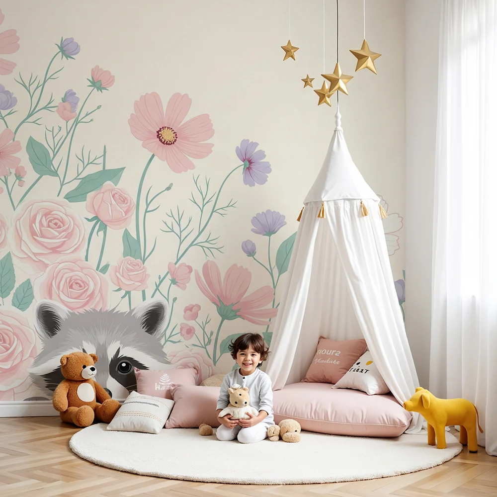 Papier de parede bébé | Aranyos mosómedve pasztell virágok között