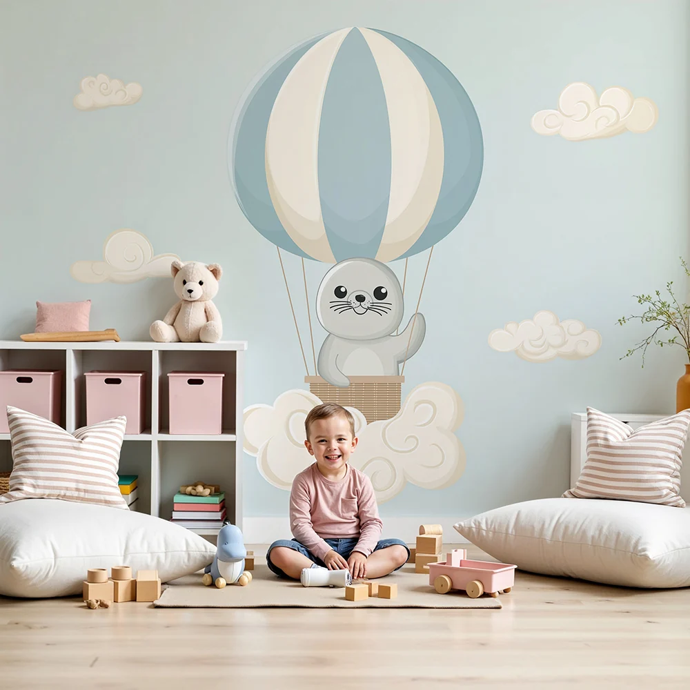 Papier de parede baba szoba | Aranyos fóka hőlégballonban felhők között