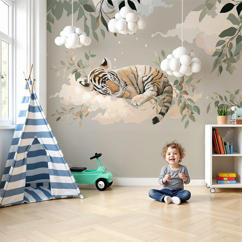 Papier de parede bébi szoba | Alszó tigris egy felhőn finom növényzet között