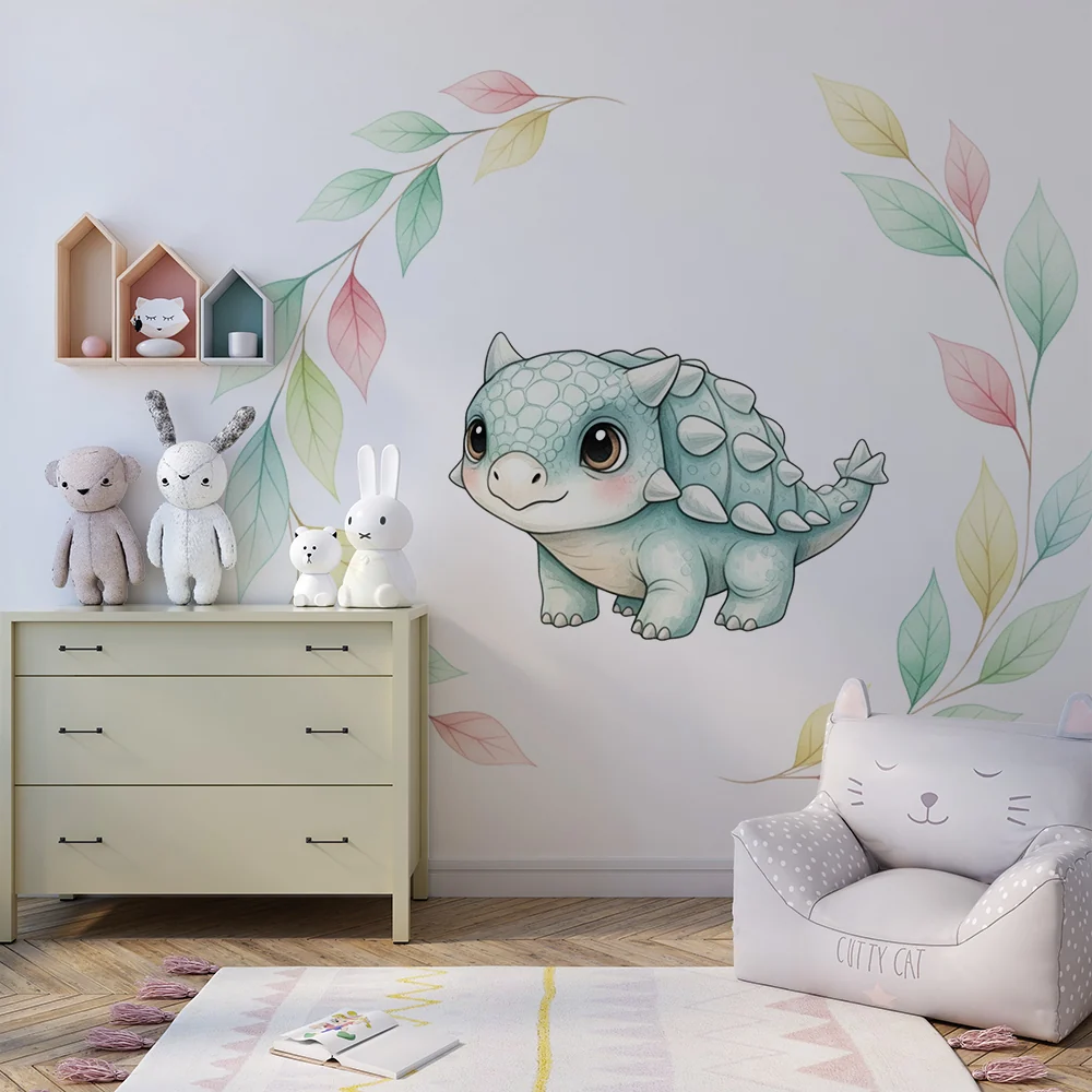 Papier de parede bébi szoba | Aranyos kis dinoszaurusz pasztell levelek között