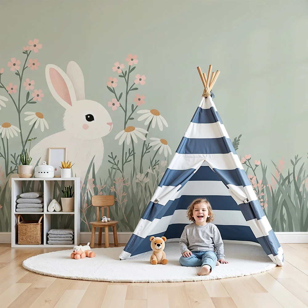 Papier de parede bébi szoba | Aranyos nyuszi egy finom virágmezőben