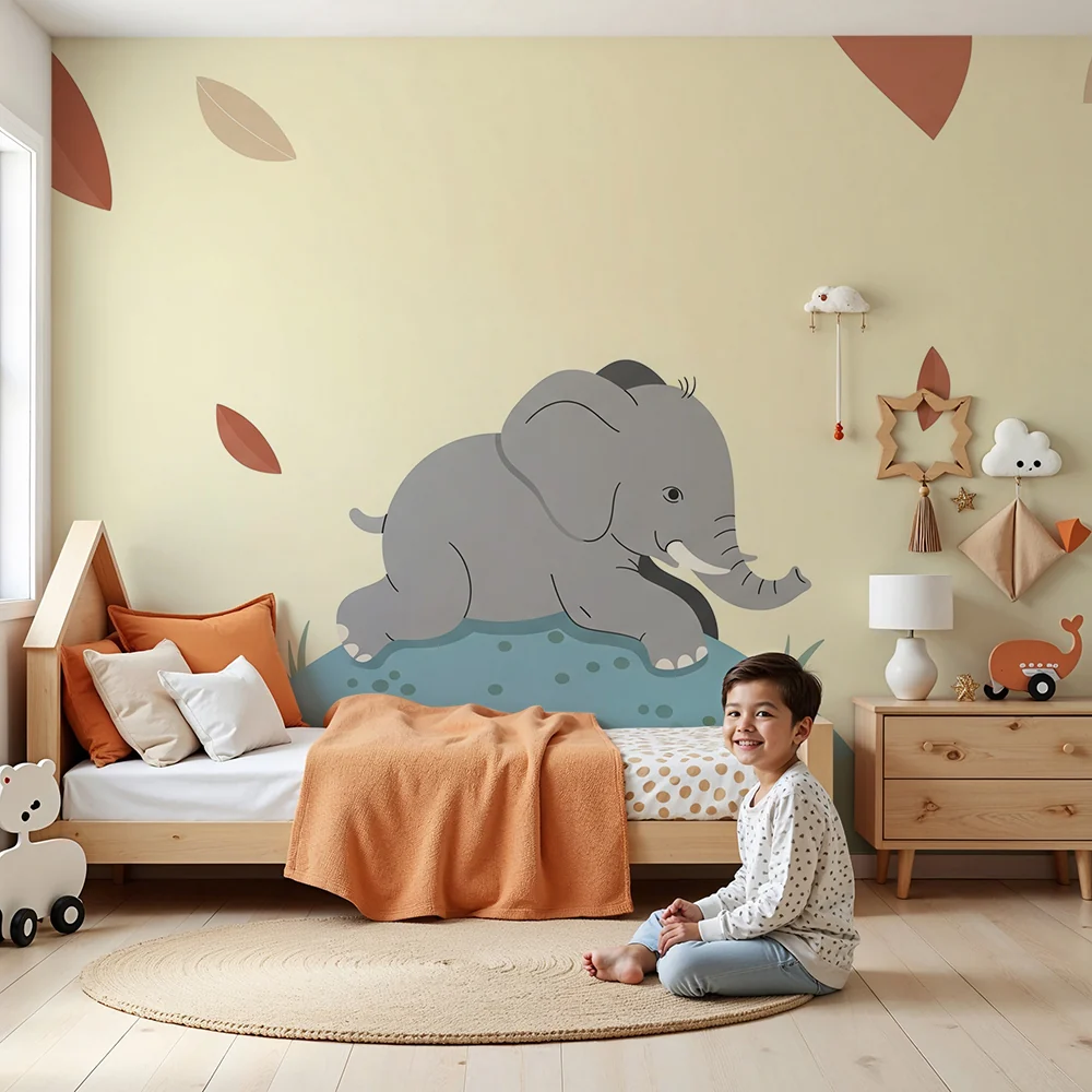 Papier de parede bébi szoba | Boldog kis elefánt egy lágy tájban