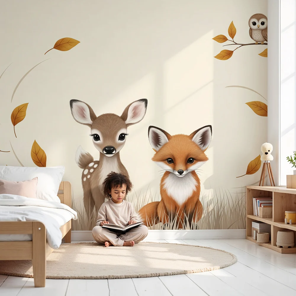 Papier de parede bébi szoba | Erdei állatok egy őz és egy rókával