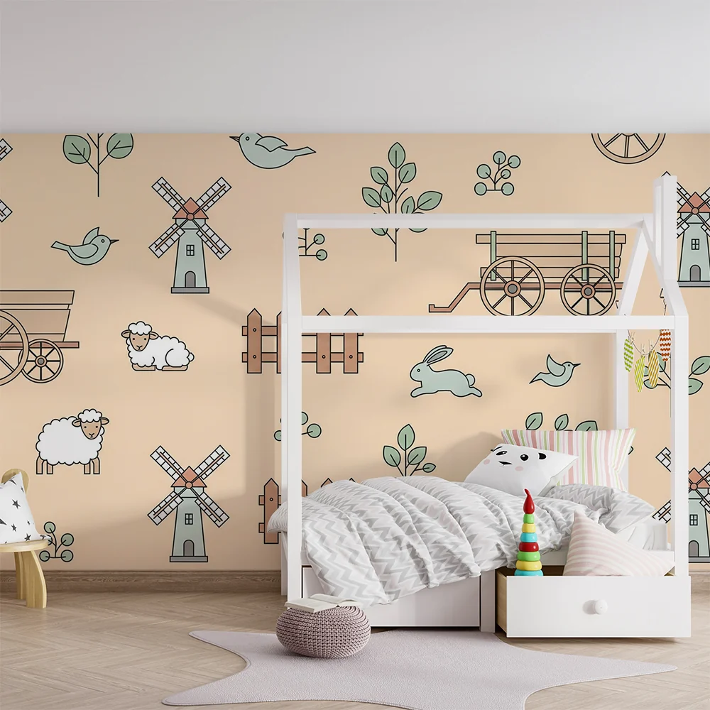 Papier de parede bébi szoba | Farm jelenet juhokkal, nyulakkal és szélmalommal