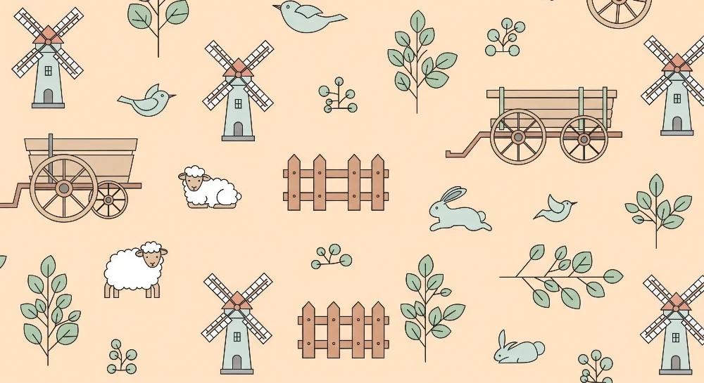 Papier de parede bébi szoba | Farm jelenet juhokkal, nyulakkal és szélmalommal