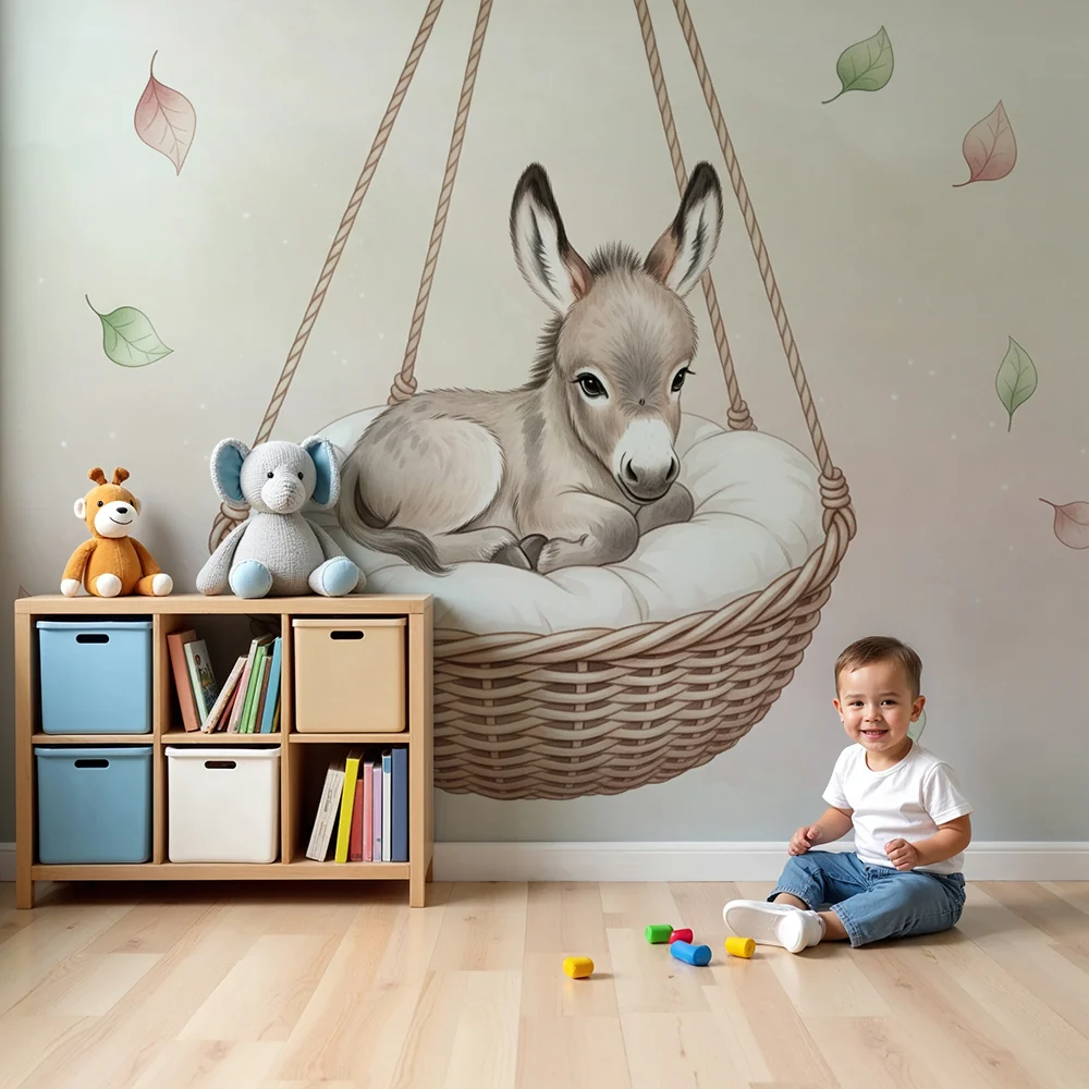 Papier de parede bébi szoba | Kis szamár egy függő kosárban