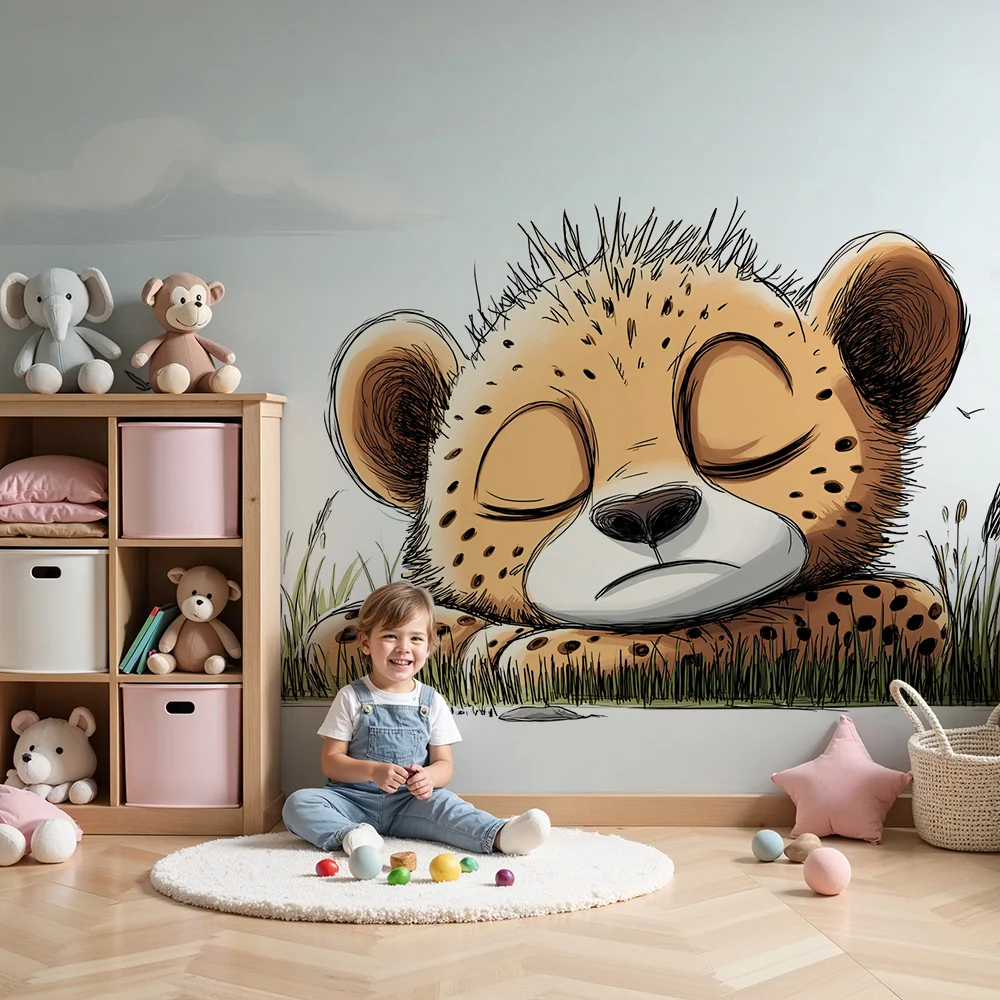 Papier de parede bébi szoba | Álmos kis leopárd fűben