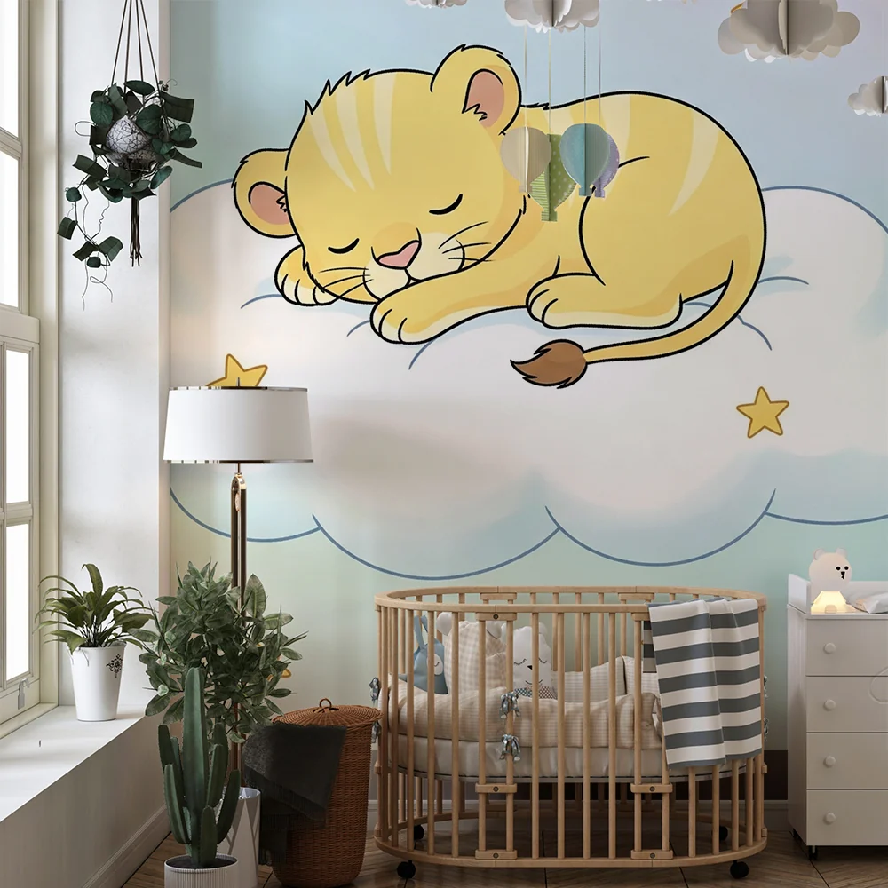 Papier de parede bébi szoba | Álmos kis oroszlán egy csillagos felhőn