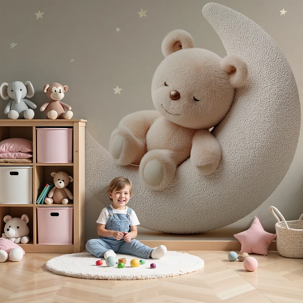 Papier de parede bébi szoba | Álmos medve egy holdfélholdon arany csillagokkal