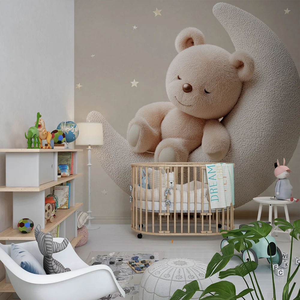 Papier de parede bébi szoba | Álmos medve egy holdfélholdon arany csillagokkal