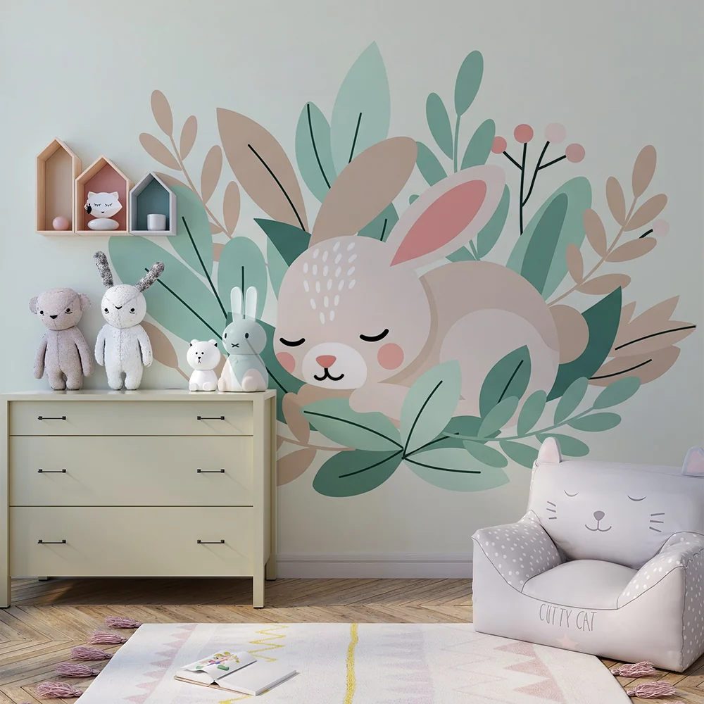 Papier de parede bébi szoba | Álmos nyuszi puha lombkoronával