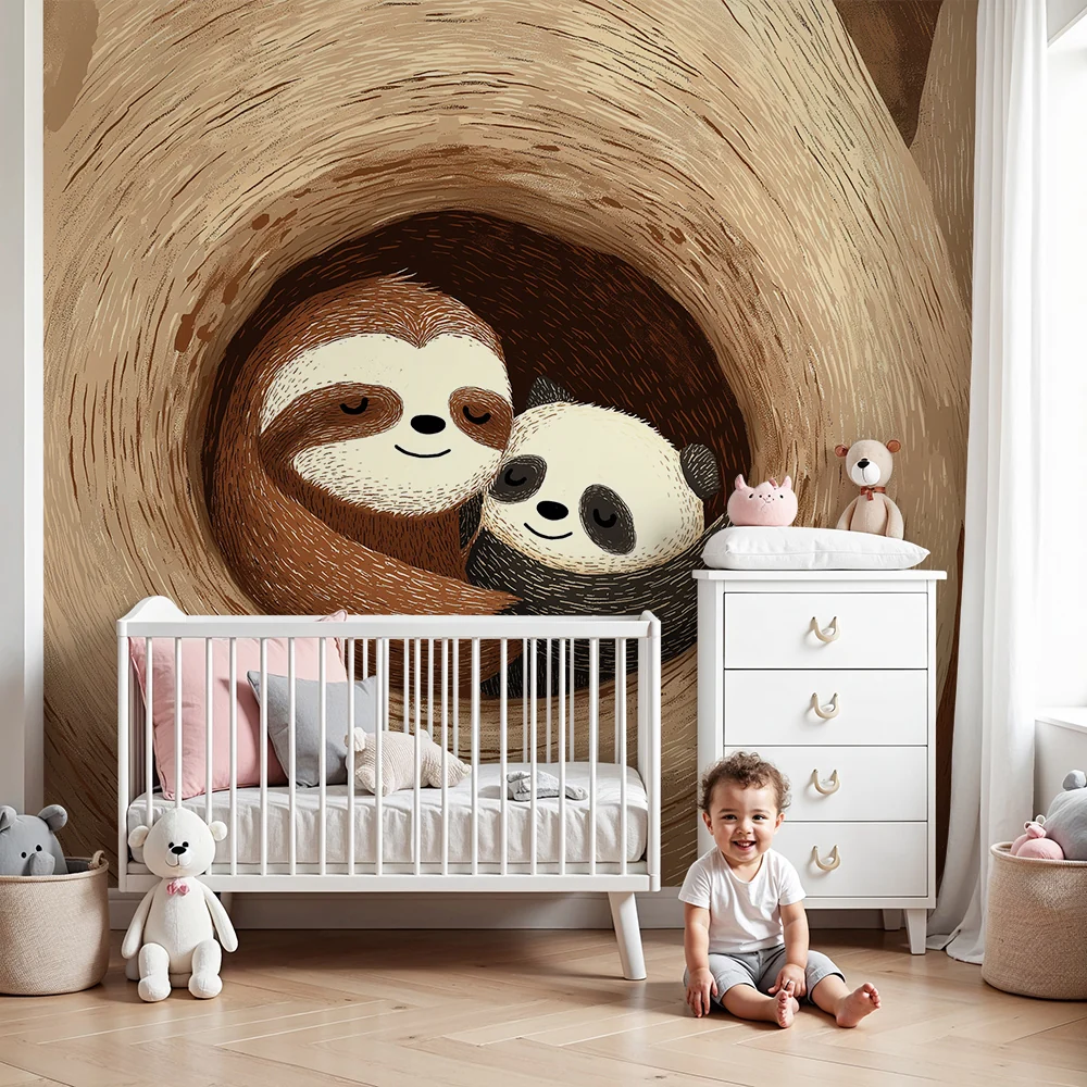 Papier de parede bébi szoba | Lusta és pandák ölelés egy meleg faágban