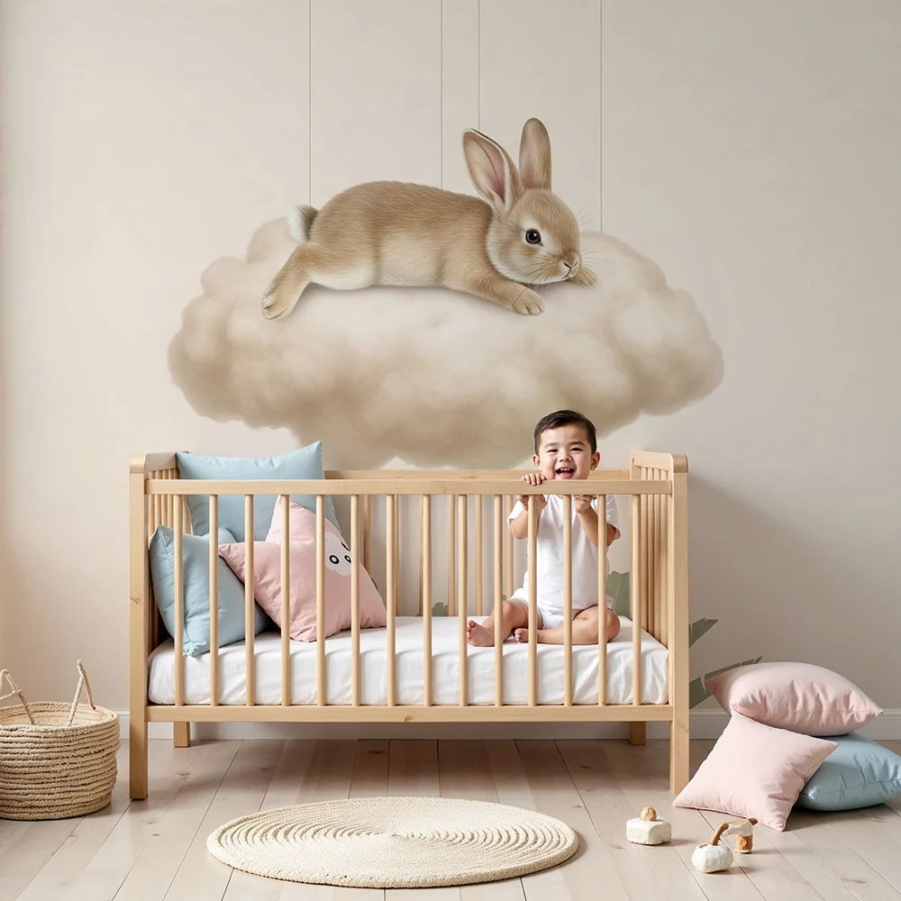 Papier de parede bébi szoba | Nyuszi egy puha felhőn