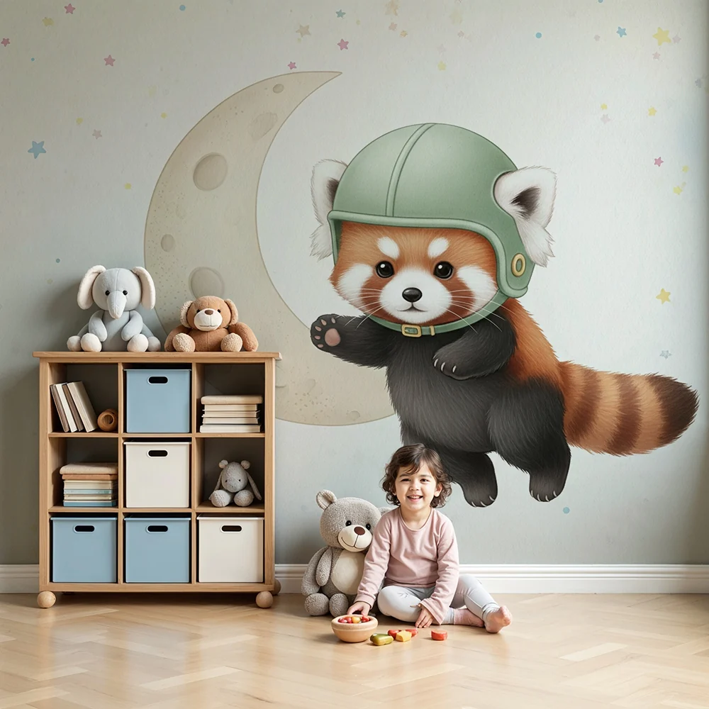 Papier de parede bébi szoba | Vörös panda űrhajós és puha hold
