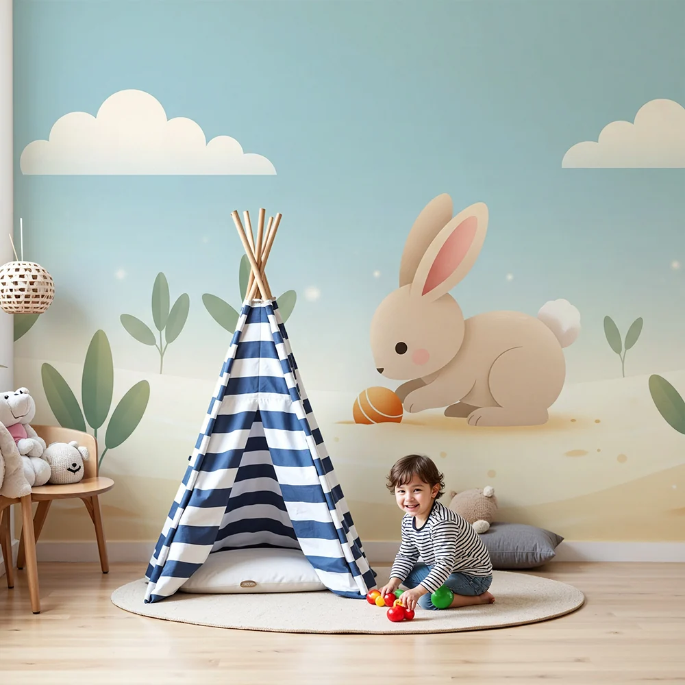 Papier de parede bébi szobához | Kis nyuszi és napfényes kert