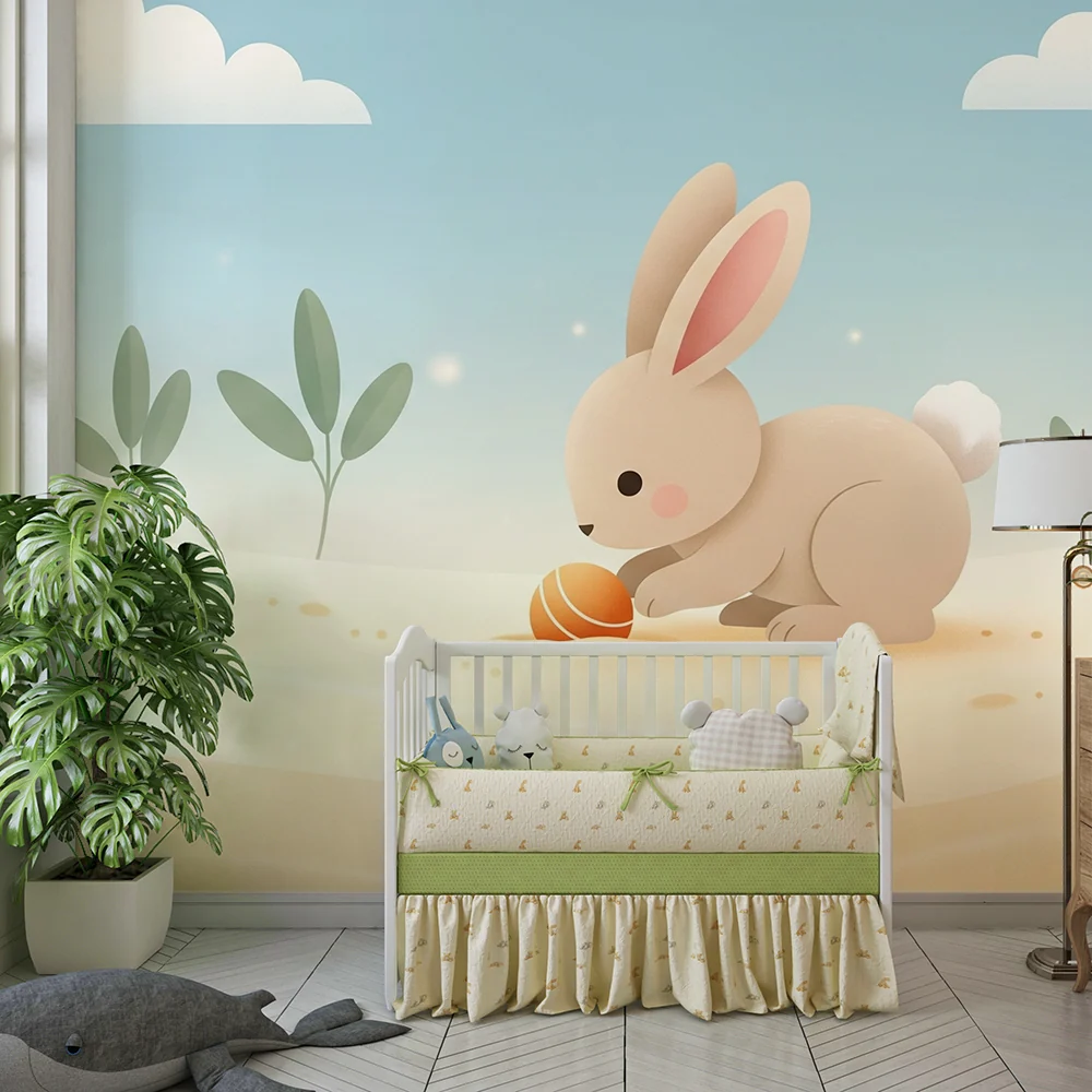 Papier de parede bébi szobához | Kis nyuszi és napfényes kert