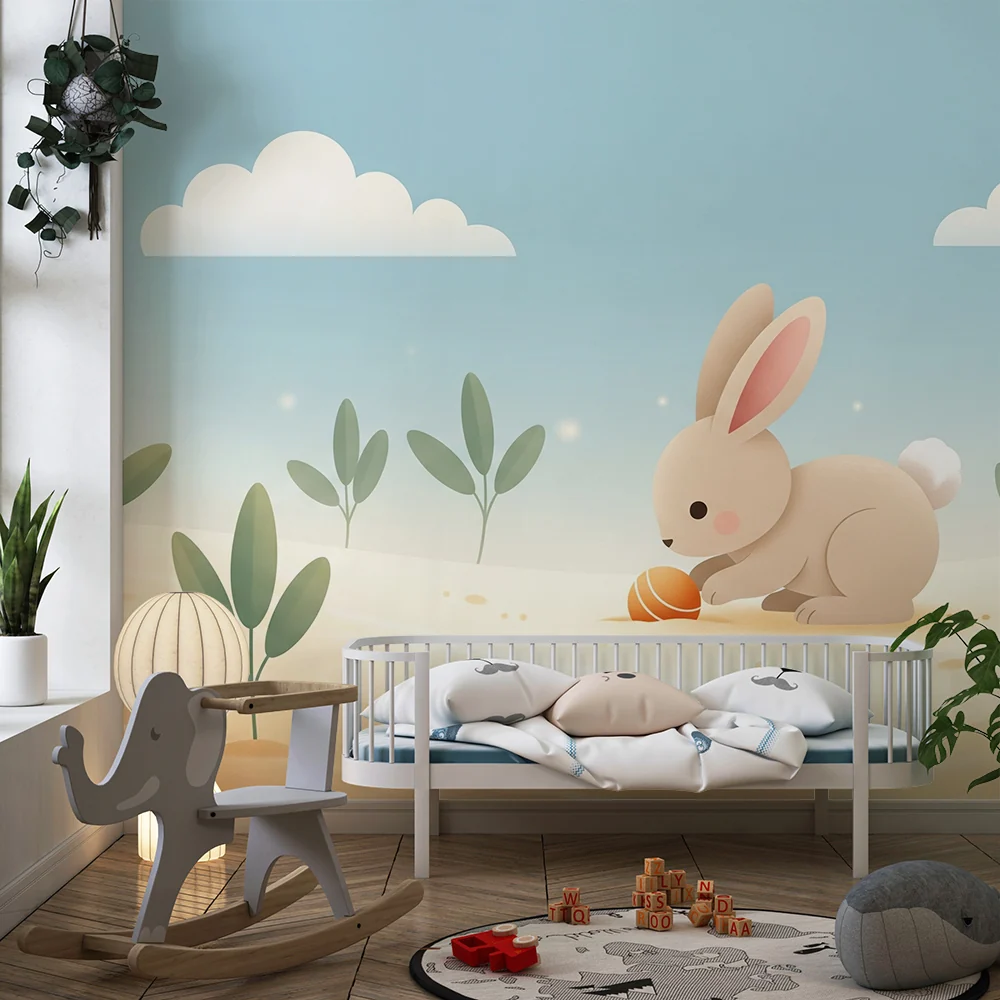 Papier de parede bébi szobához | Kis nyuszi és napfényes kert