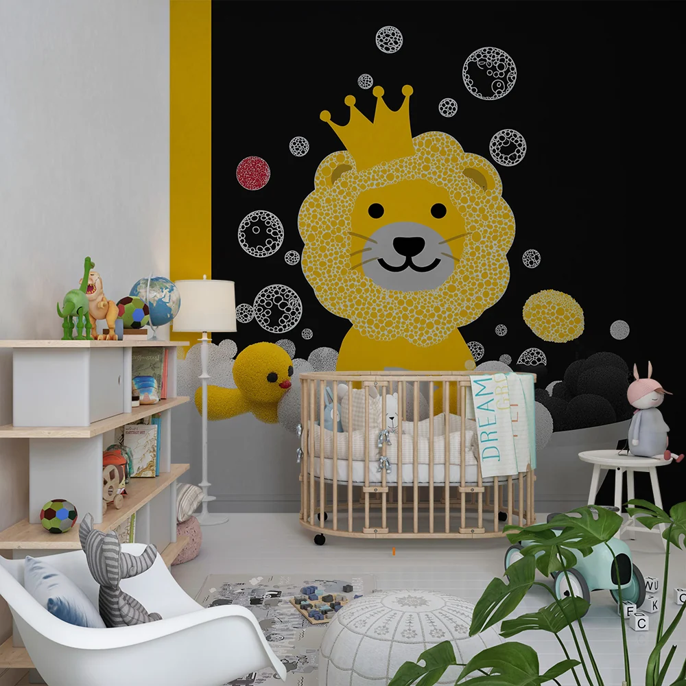 Papier de parede bébi szobához | Vidám oroszlán színes buborékfürdőben
