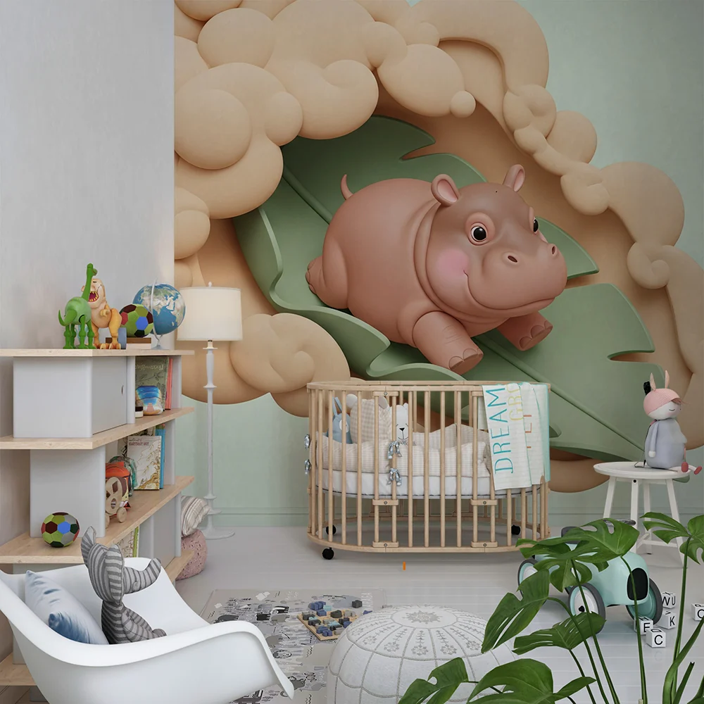Papier de parede bébiphely | Aranyos víziló egy leveleken puha felhőkkel