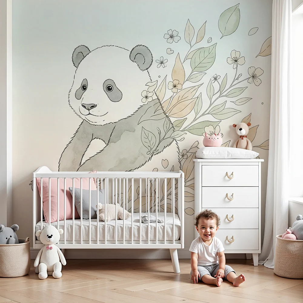Papier de parede bébiphong | Aranyos panda és finom virágok