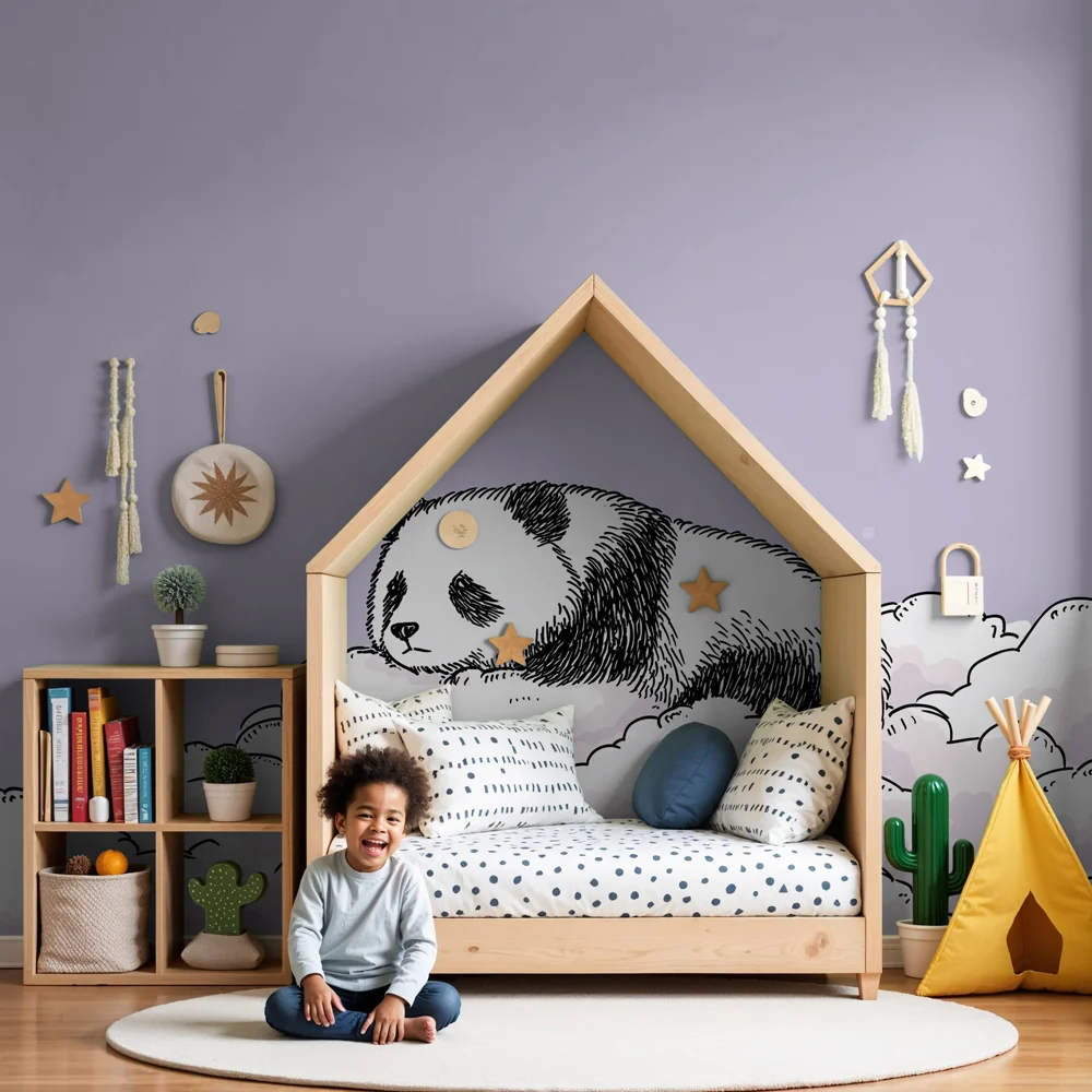 Papier de parede bébészoba | Álmodozó panda és puha felhők