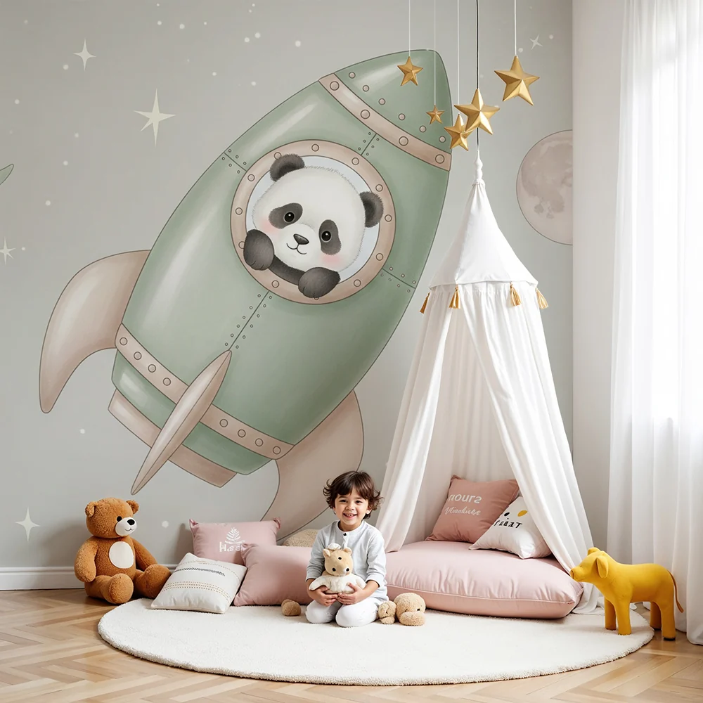 Papier de parede bébészoba | Rakéta és panda űrhajós az űrben