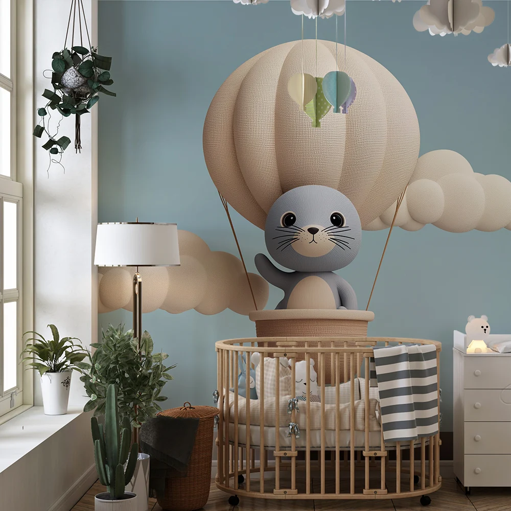 Papier de parede gyerekszoba | Aranyos fóka hőlégballonban felhők között