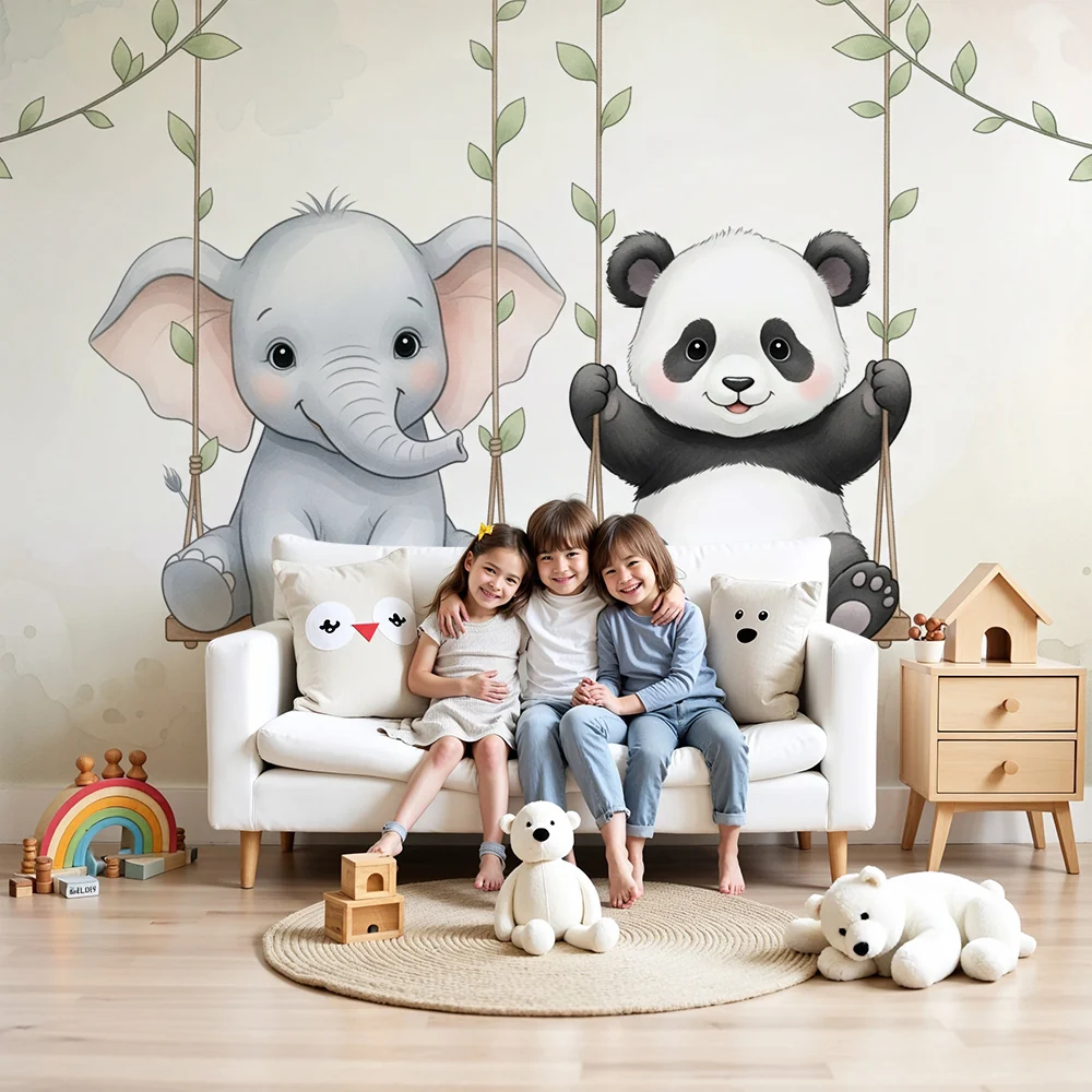Papier de parede gyermekszoba | Elefánt és panda hintákon