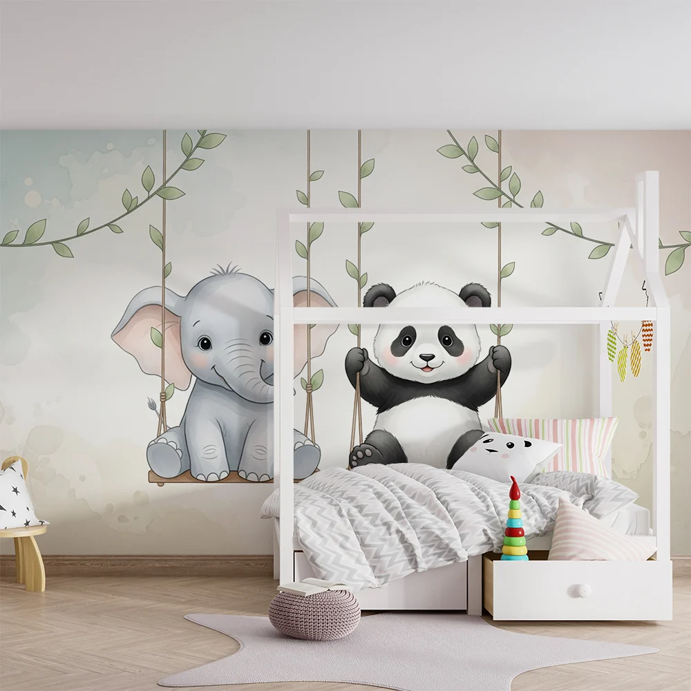 Papier de parede gyermekszoba | Elefánt és panda hintákon
