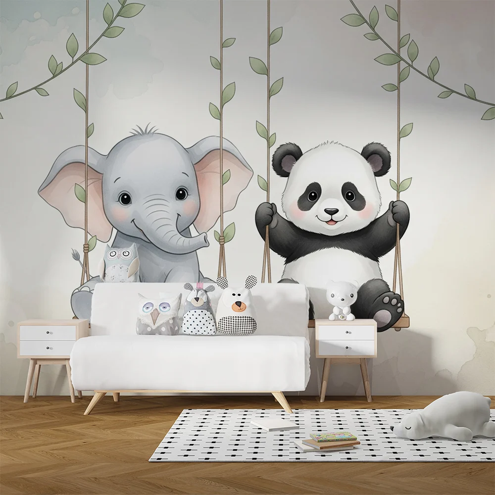 Papier de parede gyermekszoba | Elefánt és panda hintákon