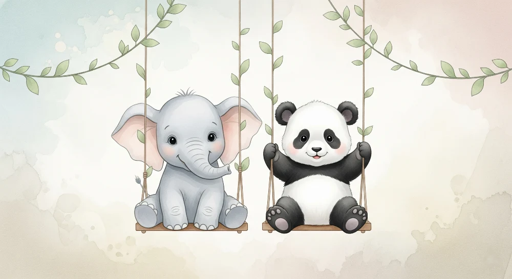 Papier de parede gyermekszoba | Elefánt és panda hintákon