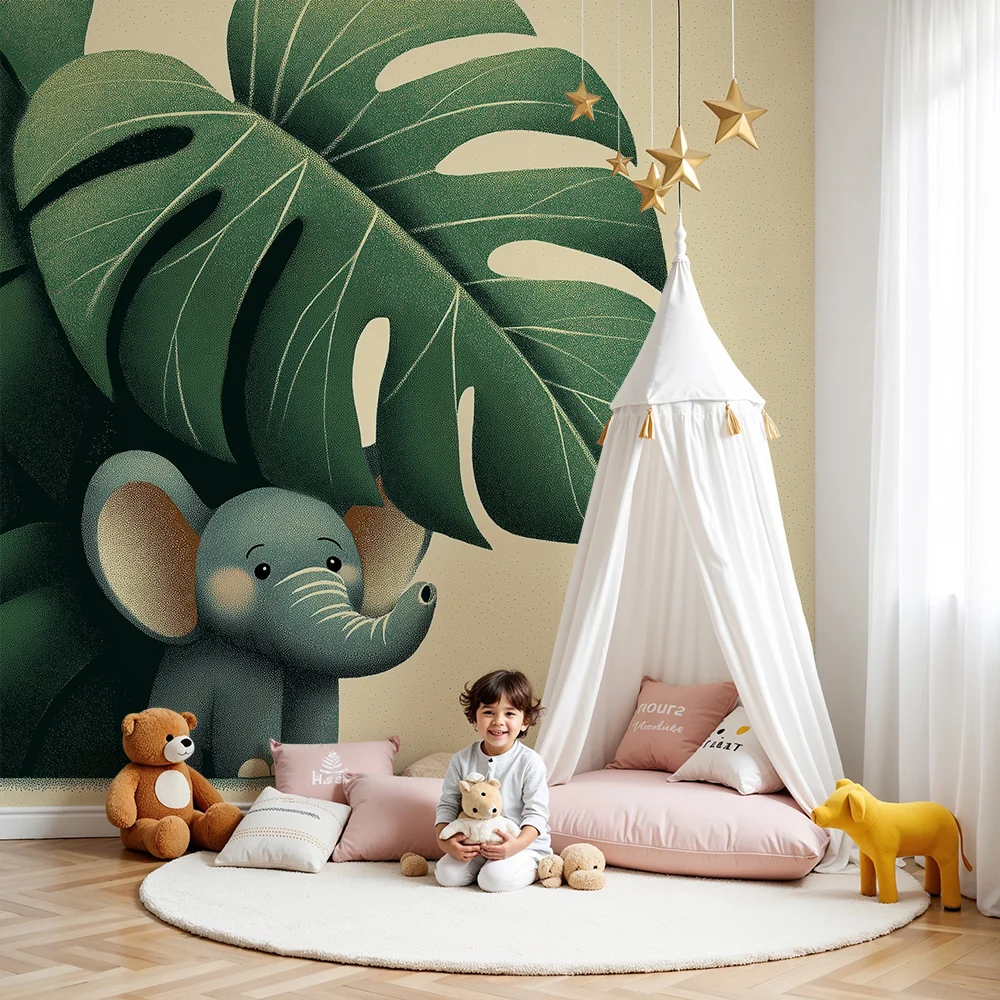 Papier de parede bébé | Kis elefánt rejtőzik egy trópusi levél alatt