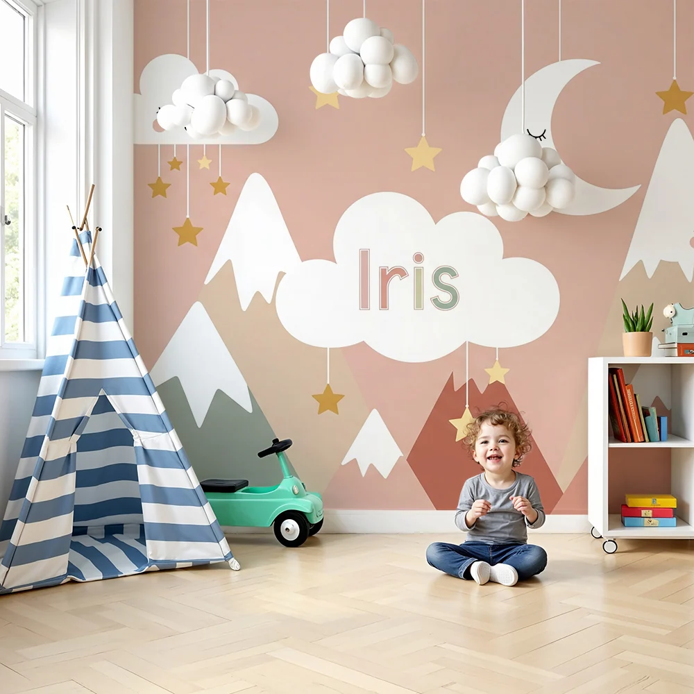 Papier de parede bébé | Lágy hegyek és mosolygó felhők Iris csillagokkal