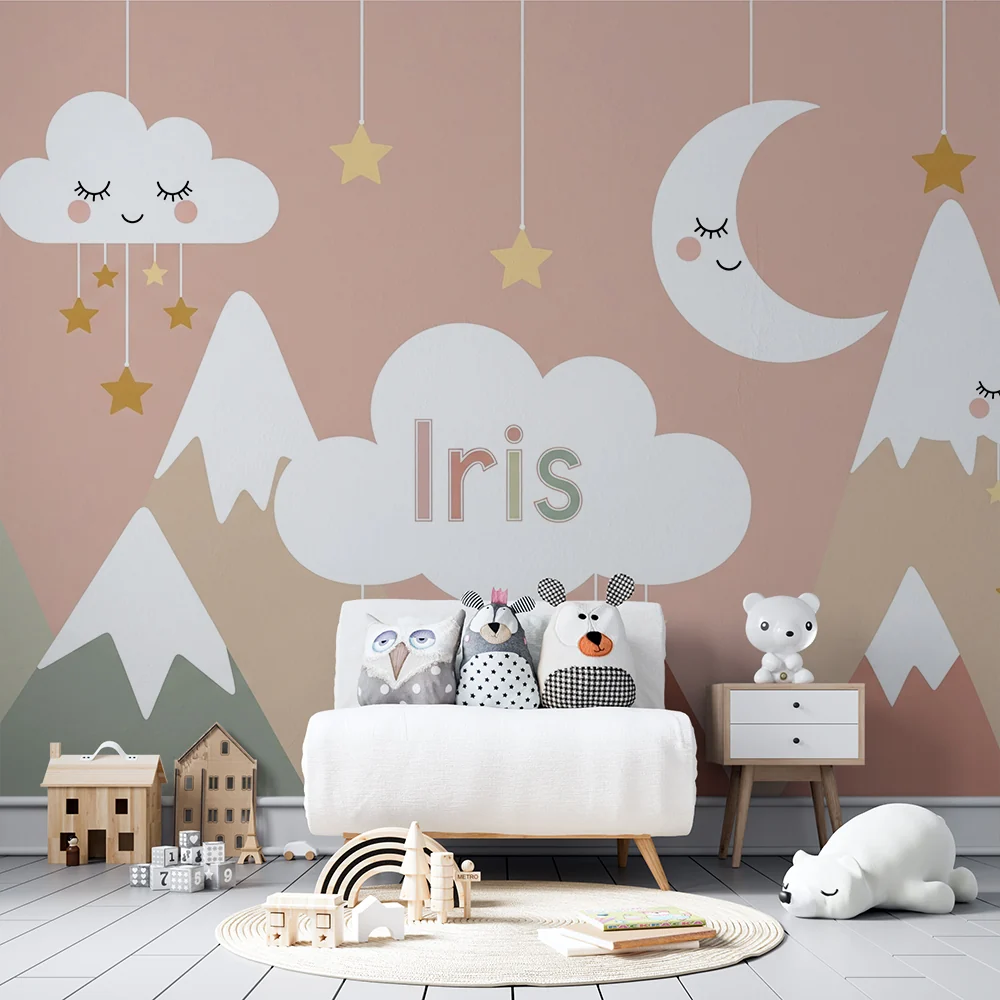 Papier de parede bébé | Lágy hegyek és mosolygó felhők Iris csillagokkal