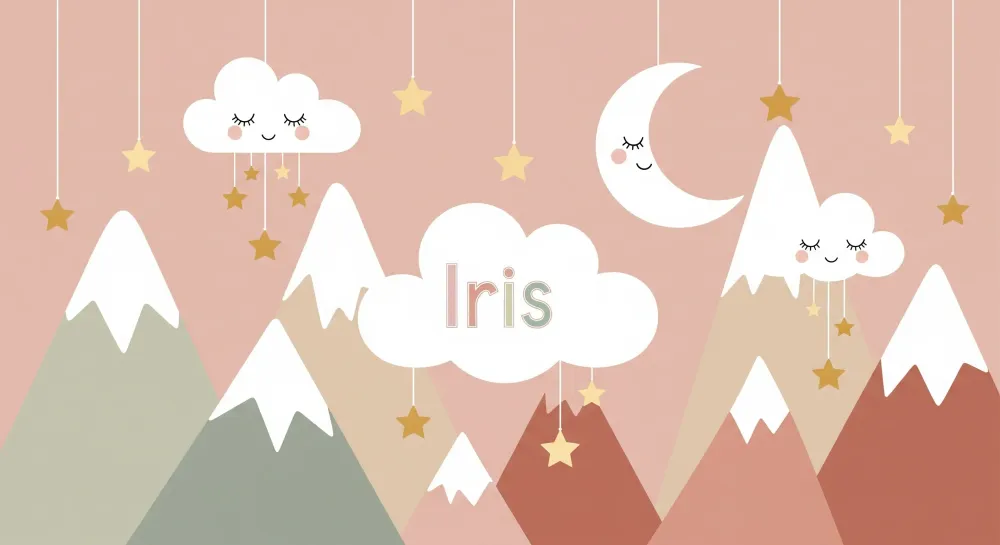 Papier de parede bébé | Lágy hegyek és mosolygó felhők Iris csillagokkal